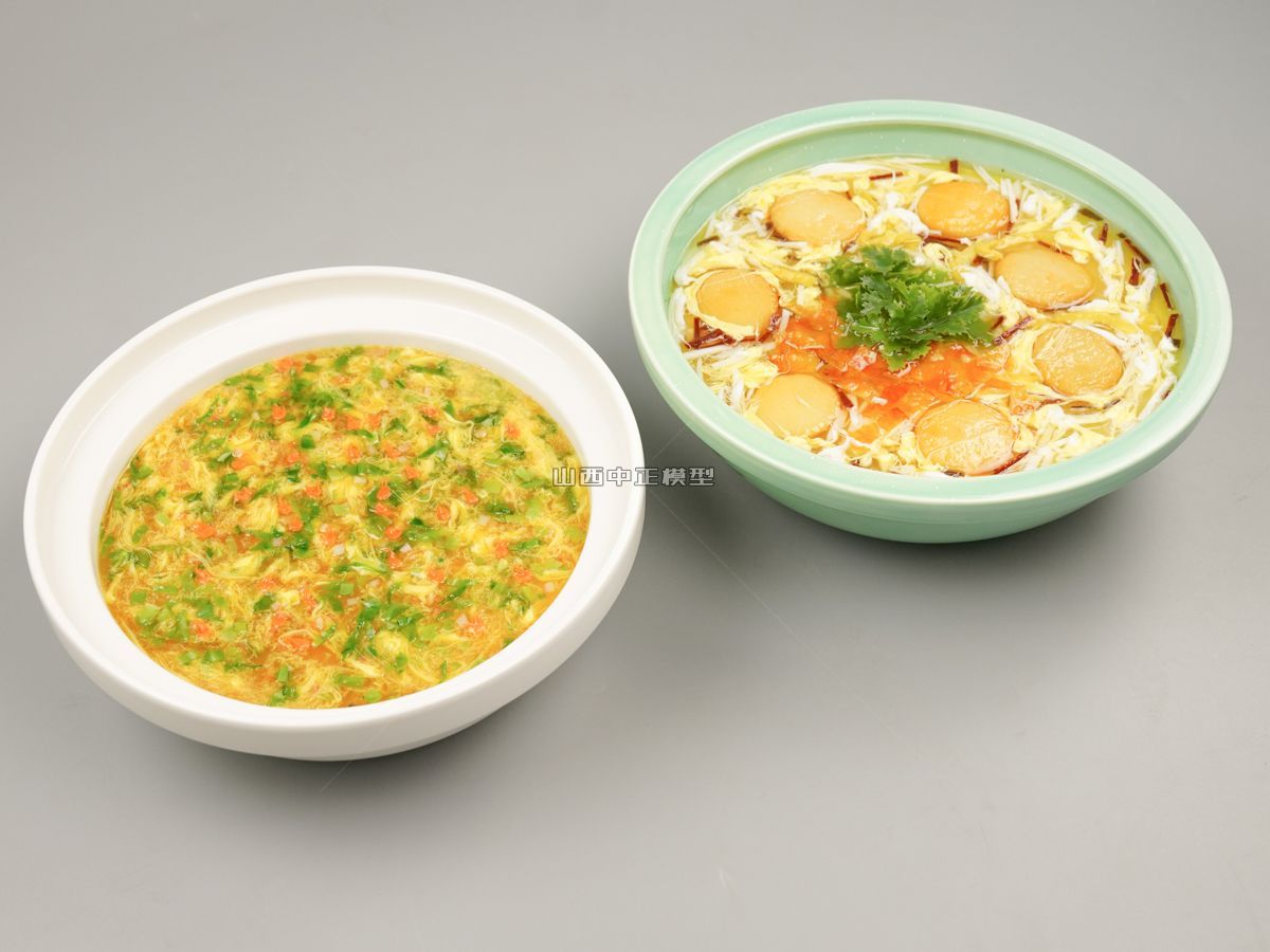 蟹黄羹和鱼饼鸡蛋羹食品模型仿真菜