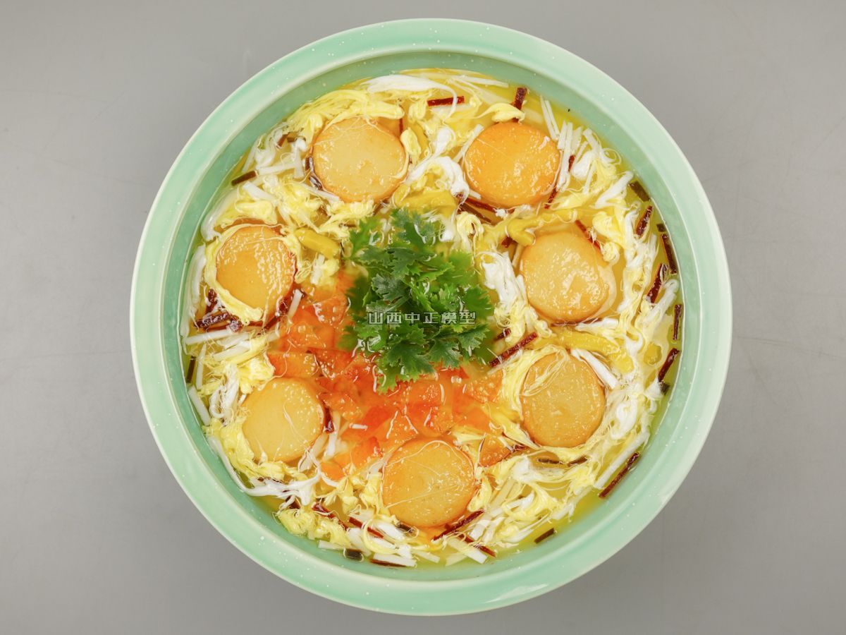 蟹黄羹和鱼饼鸡蛋羹食品模型仿真菜